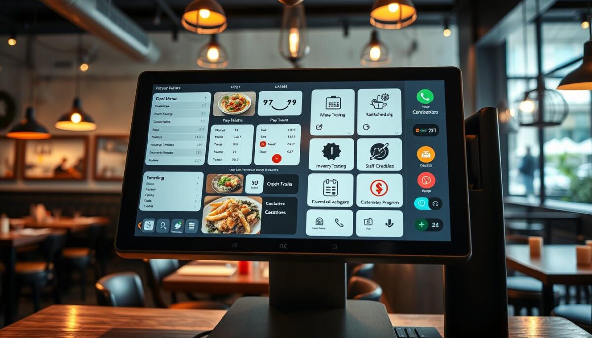 A well-lit, high-resolution photograph of a modern restaurant point-of-sale (POS) system interface displayed on a large touchscreen display. The foreground features various digital menus, order management tools, and payment processing options. The middle ground showcases integrated inventory tracking, staff scheduling, and customer loyalty program features. The background subtly depicts a cozy, inviting restaurant atmosphere with warm lighting and minimalist decor, emphasizing the system's seamless integration into the establishment. Captured with a wide-angle lens to provide a comprehensive view of the comprehensive, user-friendly POS solution.