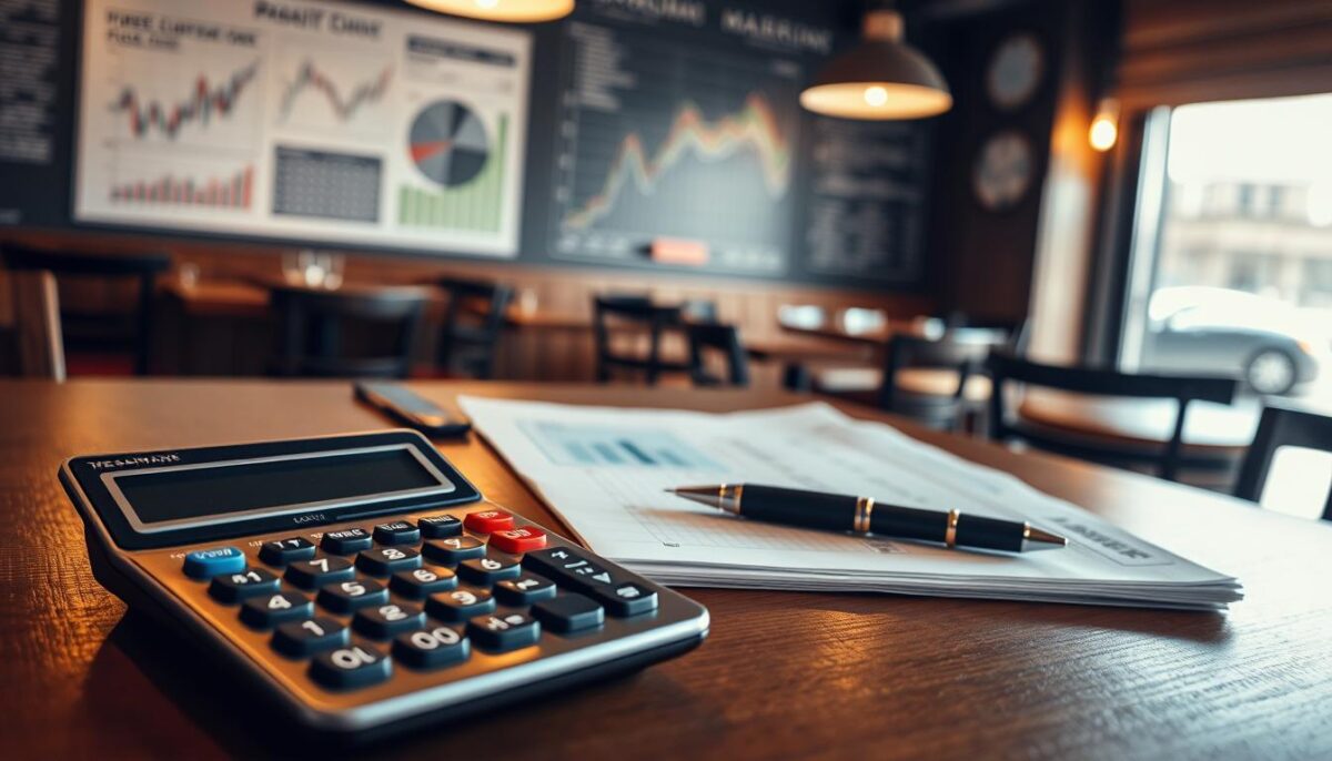 A well-lit restaurant table, with a calculator, pen, and ledger in the foreground. A background of financial charts, graphs, and data visualizations, conveying the analytical nature of calculating profit margins. The scene is bathed in a warm, inviting light, suggesting the importance of this financial exercise to the overall success of the restaurant. The composition is balanced, with the tools of the trade prominently displayed, inviting the viewer to imagine themselves engaged in this crucial business task. The overall mood is one of focused diligence, reflecting the need to meticulously analyze the restaurant's financial performance.