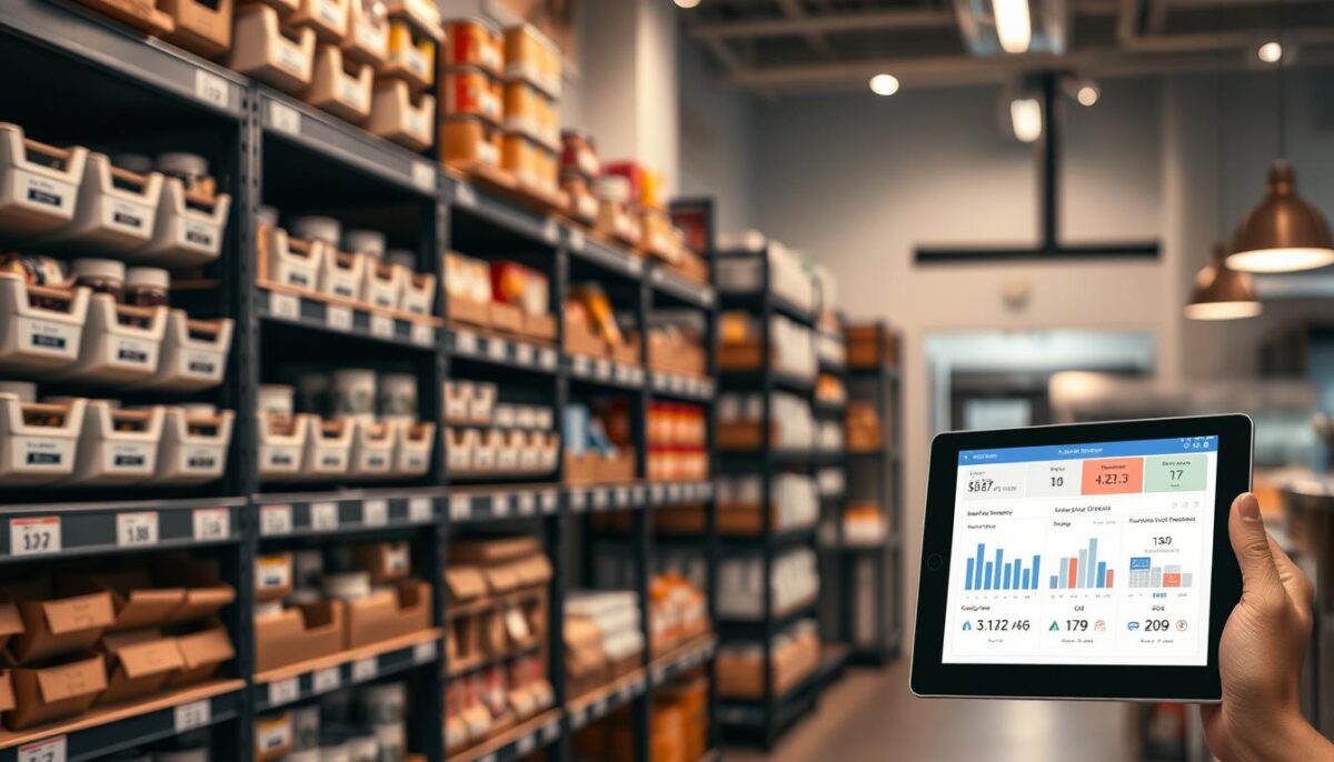 A well-organized inventory management system, with neatly stacked shelves, meticulously labeled bins, and a sleek digital interface. The foreground features a closeup of a tablet displaying real-time stock levels, inventory analytics, and automated reordering suggestions. In the middle ground, rows of shelves filled with a diverse array of restaurant supplies, each item strategically placed for easy access. The background showcases a modern, minimalist restaurant kitchen, bathed in warm, focused lighting that highlights the efficiency and attention to detail. The overall atmosphere conveys a sense of control, organization, and the seamless integration of technology to optimize inventory and streamline operations.