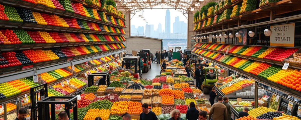An expansive produce market in the heart of New York City, bustling with activity. Towering stalls brimming with a vibrant array of fruits and vegetables, their colors and textures beckoning. Forklifts navigate the labyrinth of aisles, delivering fresh stock to eager vendors. Natural light filters in through high ceilings, casting a warm glow over the scene. In the foreground, buyers haggle with sellers, negotiating prices and securing the best deals. The background reveals the iconic skyline of Manhattan, a reminder of the market's urban setting. An atmosphere of commerce and culinary abundance pervades, capturing the essence of this wholesale produce hub.