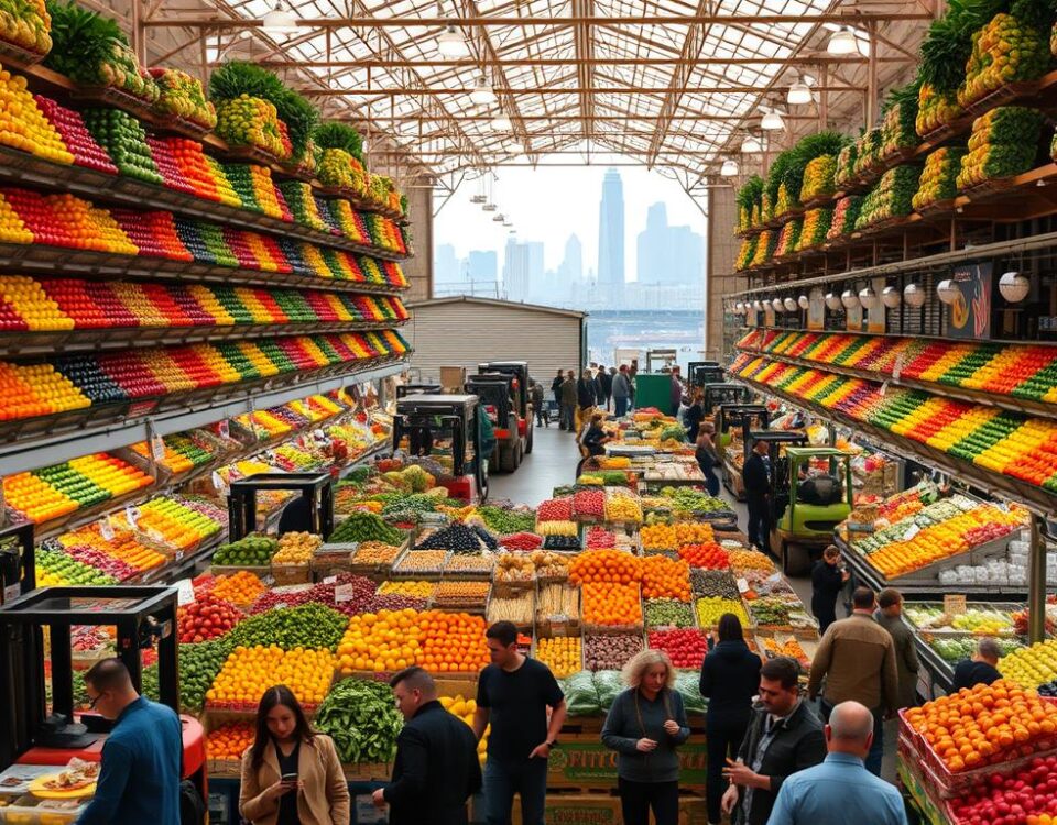 An expansive produce market in the heart of New York City, bustling with activity. Towering stalls brimming with a vibrant array of fruits and vegetables, their colors and textures beckoning. Forklifts navigate the labyrinth of aisles, delivering fresh stock to eager vendors. Natural light filters in through high ceilings, casting a warm glow over the scene. In the foreground, buyers haggle with sellers, negotiating prices and securing the best deals. The background reveals the iconic skyline of Manhattan, a reminder of the market's urban setting. An atmosphere of commerce and culinary abundance pervades, capturing the essence of this wholesale produce hub.