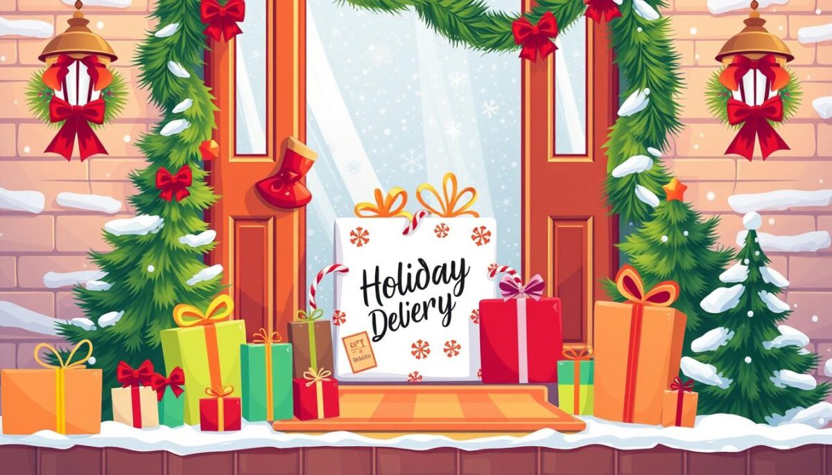 Create an image of a festive holiday delivery package being delivered to a customer's door.