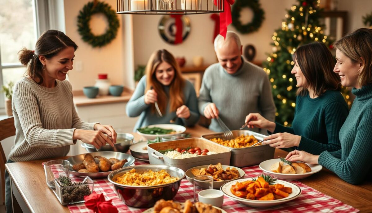 Create an image of a holiday meal kit being prepared and served at home.