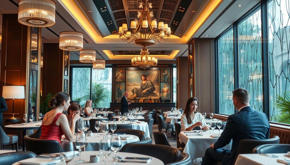 Create an image of a luxury restaurant with a sophisticated ambiance, highlighting a loyalty program in action.