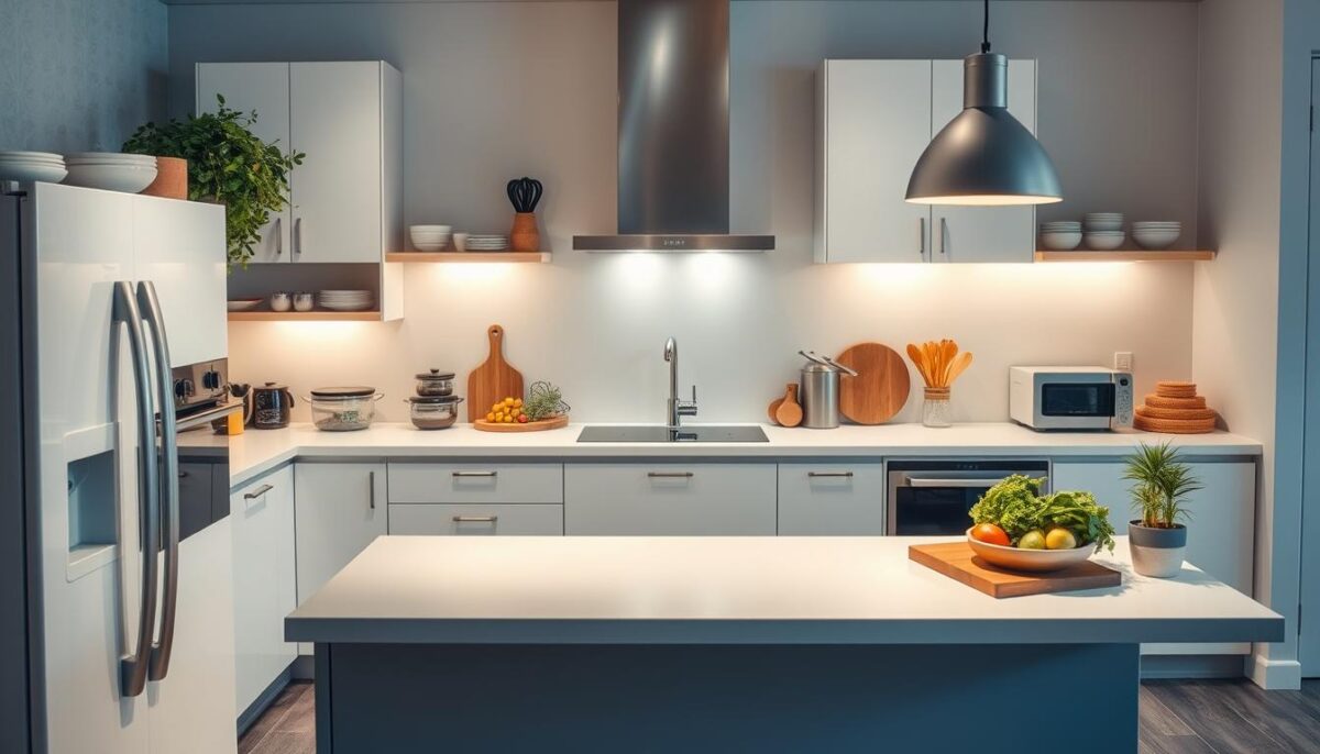 Create an image of a modern ghost kitchen setup