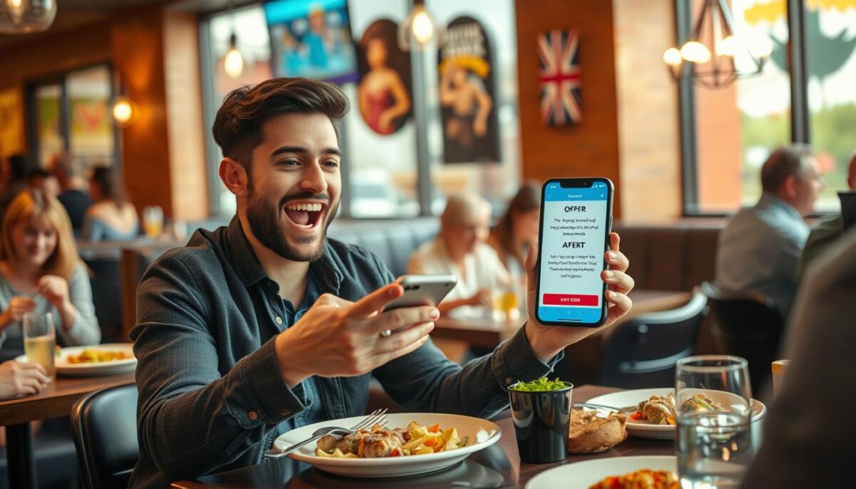 Create an image of a restaurant customer receiving a personalized offer on their phone.