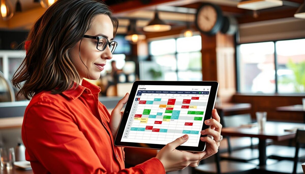 Create an image of a restaurant manager using a scheduling template on a tablet.