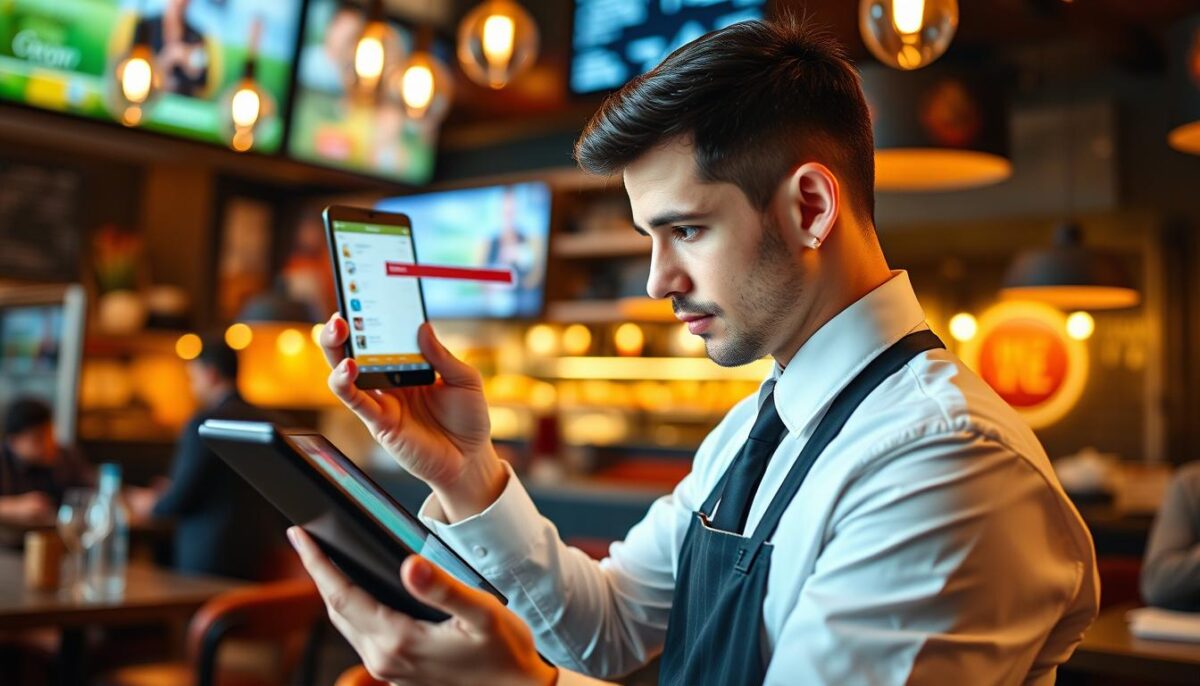 Create an image of a restaurant manager using a tablet with Crunchtime's inventory management software on the screen.