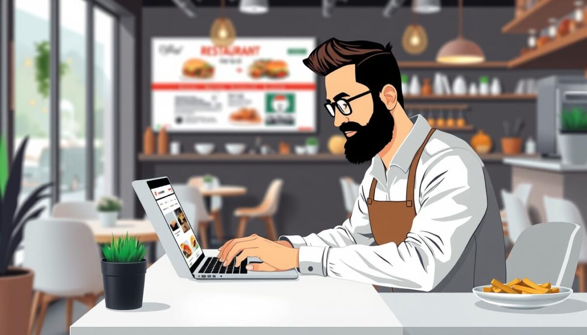 Create an image of a restaurant owner choosing a website builder on their laptop
