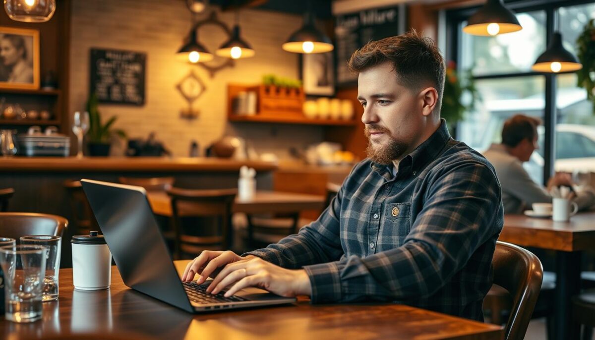Create an image of a restaurant owner using Excel on a laptop to manage food costs.