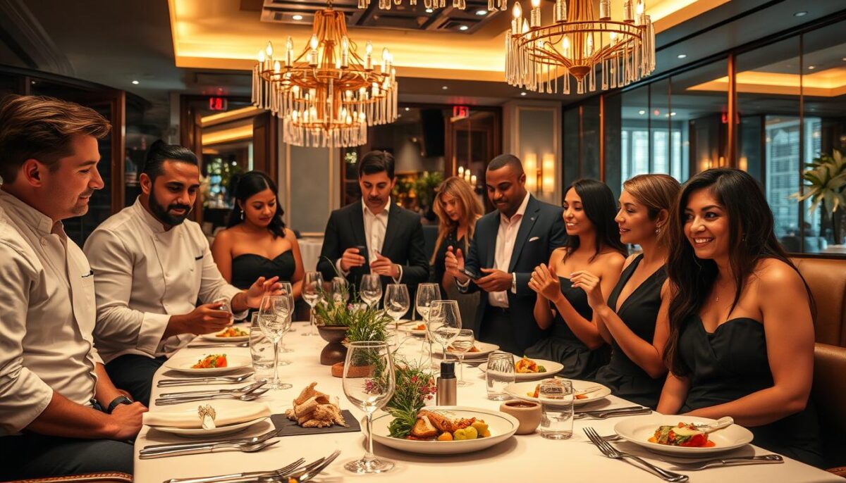 Create an image of an upscale restaurant hosting an exclusive chef's table event.