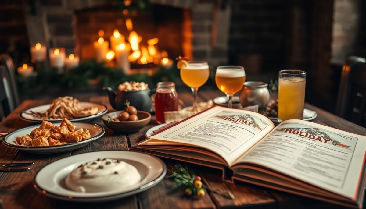 Detailed holiday menu displayed on a rustic wooden table, with various dishes and drinks arranged artfully. The menu features a mix of traditional holiday favorites and trending seasonal items, presented with a modern, elevated flair. Soft, warm lighting from candles and a fireplace in the background creates a cozy, inviting atmosphere. The composition highlights the visual appeal of the menu, drawing the viewer's attention to the array of delectable offerings. A sense of festivity and culinary delight permeates the scene, capturing the essence of a memorable holiday dining experience.