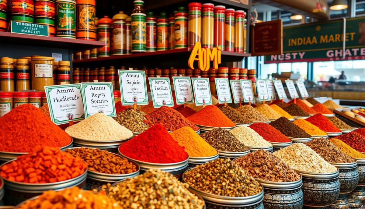 Generate an image of Ammi's display of Indian spices at the Terminal Market, featuring their proprietary spice blends.