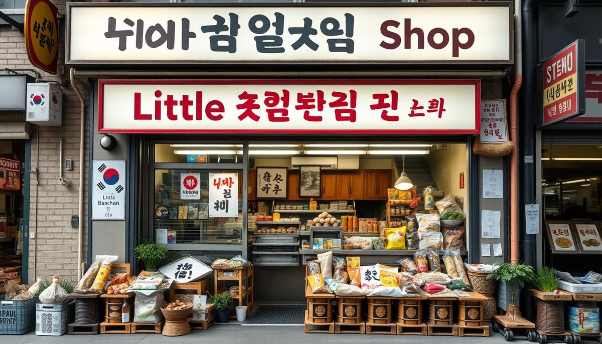 Generate an image of Little Banchan Shop's storefront at NYC's Terminal Market, showcasing their variety of Korean ingredients.
