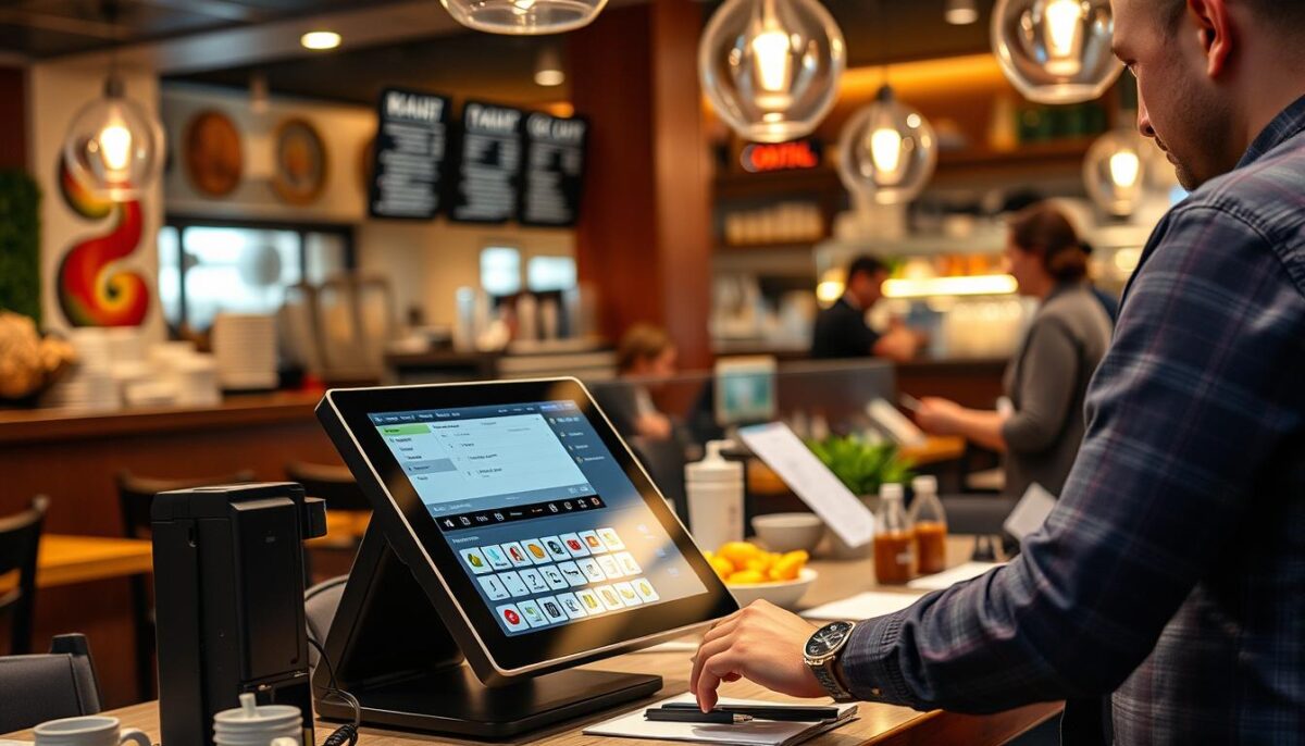 Generate an image of Oracle MICROS Restaurant POS system in action, showcasing its user-friendly interface and advanced features.