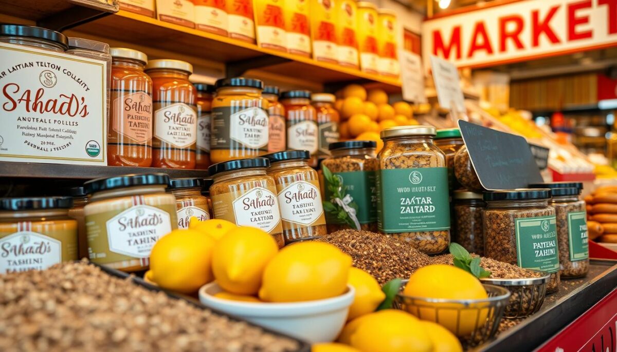 Generate an image of Sahadi's stall at the Terminal Market, highlighting their premium tahini, za'atar blend, and preserved lemons.