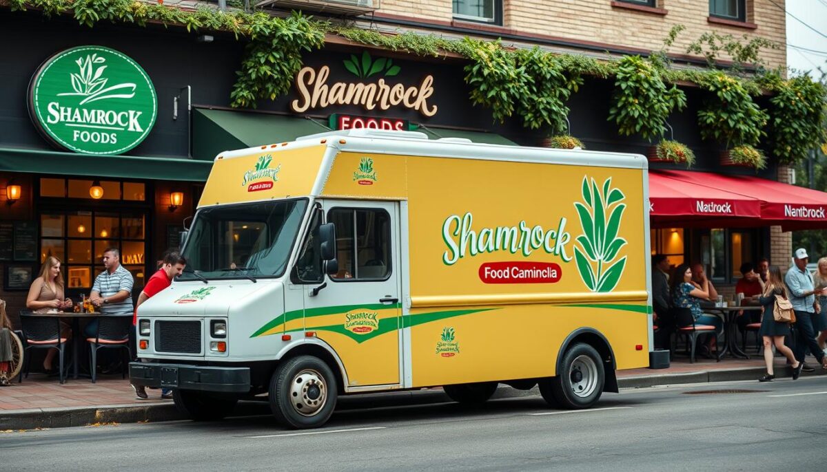 Generate an image of Shamrock Foods' delivery truck parked in front of a busy restaurant.