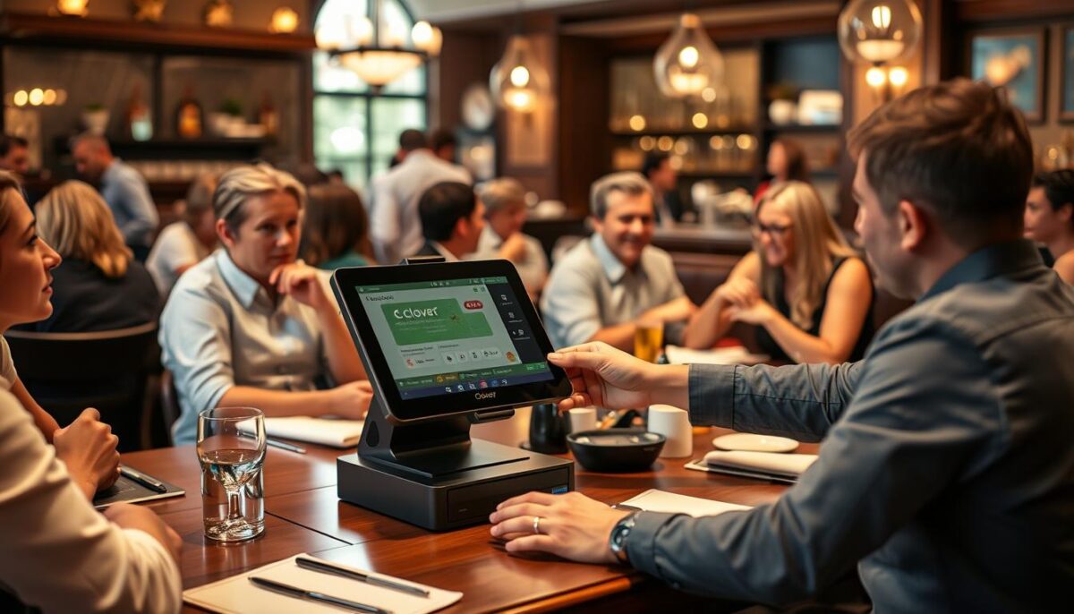 Generate an image of a Clover POS terminal in a restaurant setting.