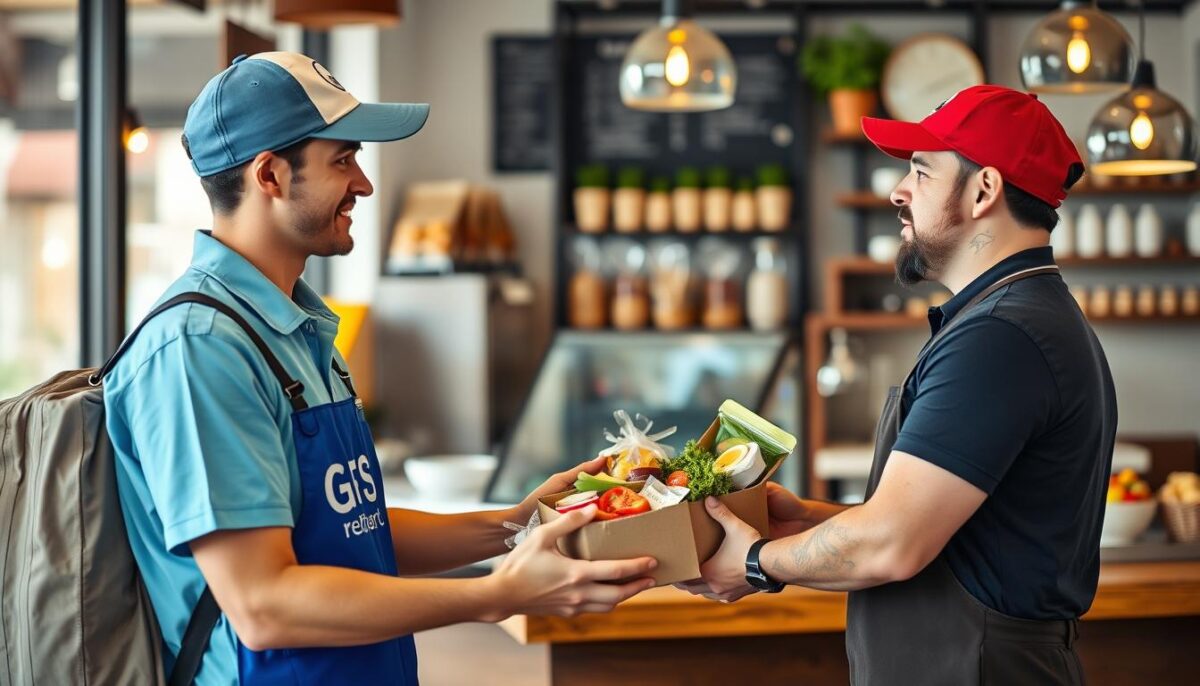 Generate an image of a GFS delivery person handing over food products to a restaurant owner.