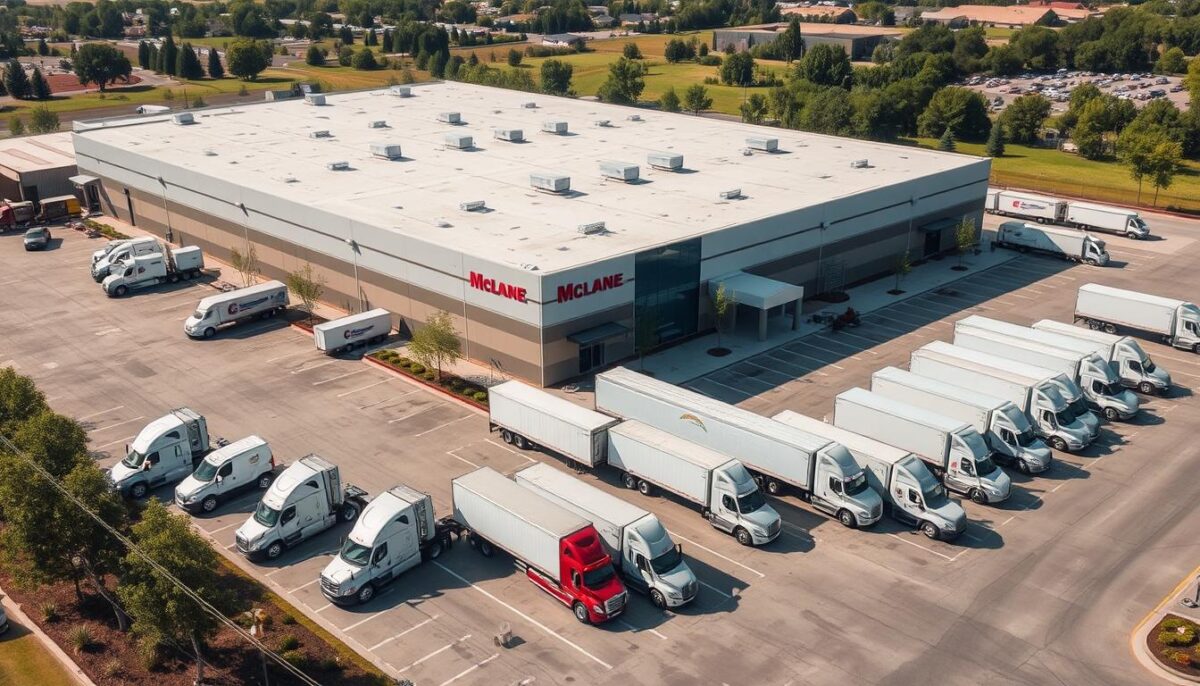 Generate an image of a McLane Company distribution center with a fleet of delivery trucks.