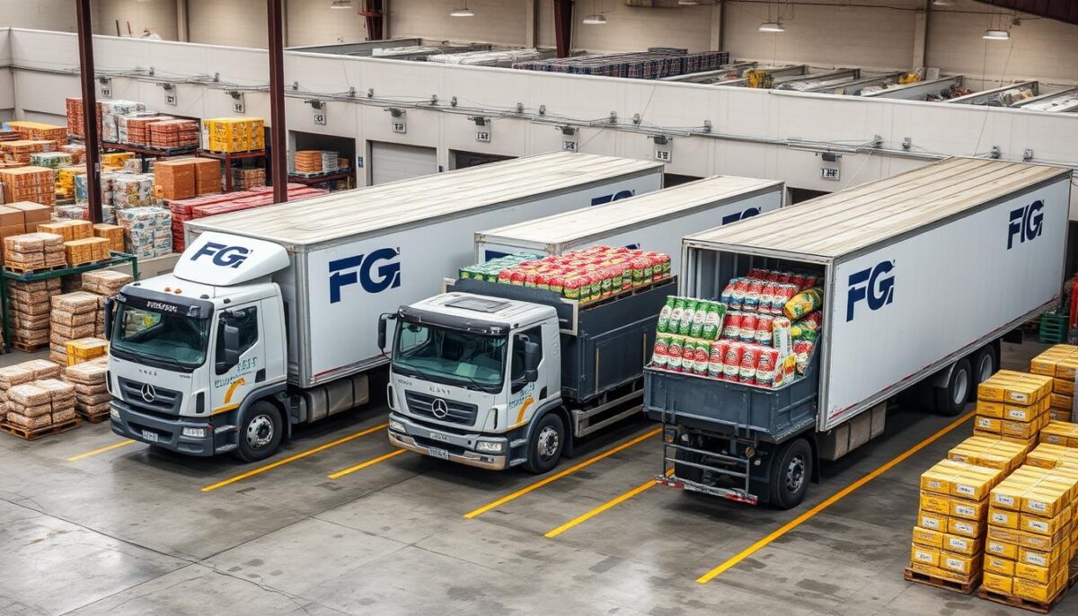 Generate an image of a PFG distribution center with trucks loading food products.
