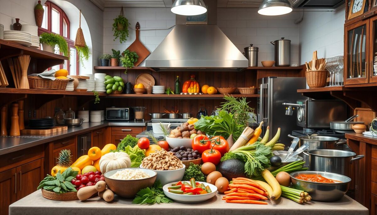 Generate an image of a Southern-style restaurant kitchen with local ingredients.