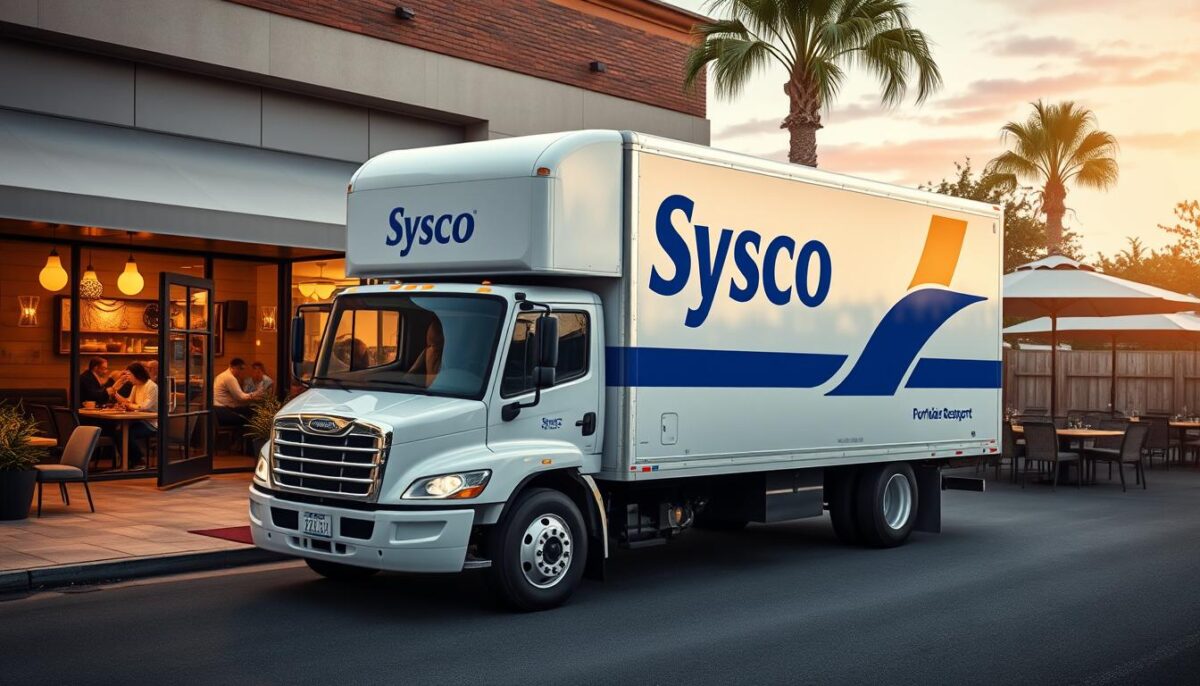 Generate an image of a Sysco delivery truck arriving at a restaurant.