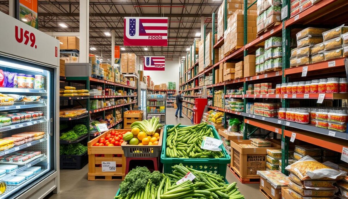 Generate an image of a US Foods warehouse with a variety of food products.