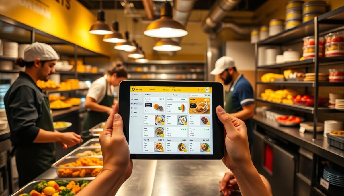Generate an image of a catering business using Yellow Dog inventory software on a tablet.