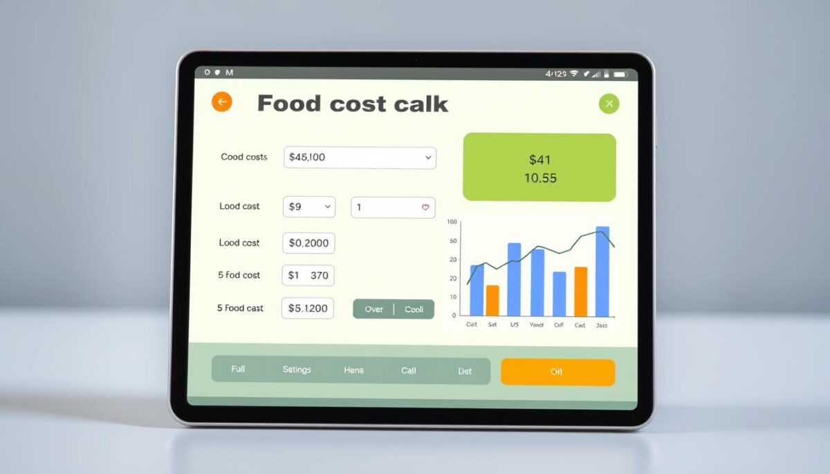 Generate an image of a food cost calculator interface on a tablet screen.