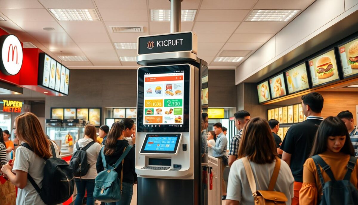 Generate an image of a freestanding self-order kiosk in a busy fast-food restaurant.
