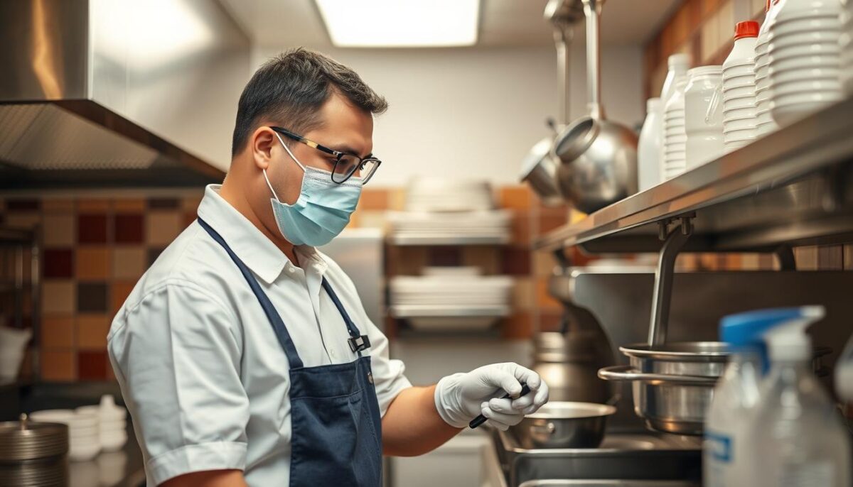 Generate an image of a health inspector reviewing a restaurant's kitchen equipment.