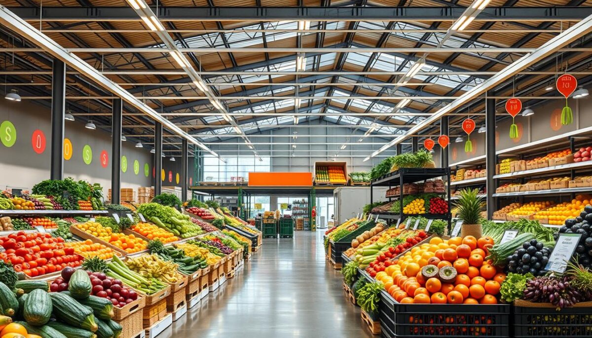 Generate an image of a modern distribution center with organic produce.