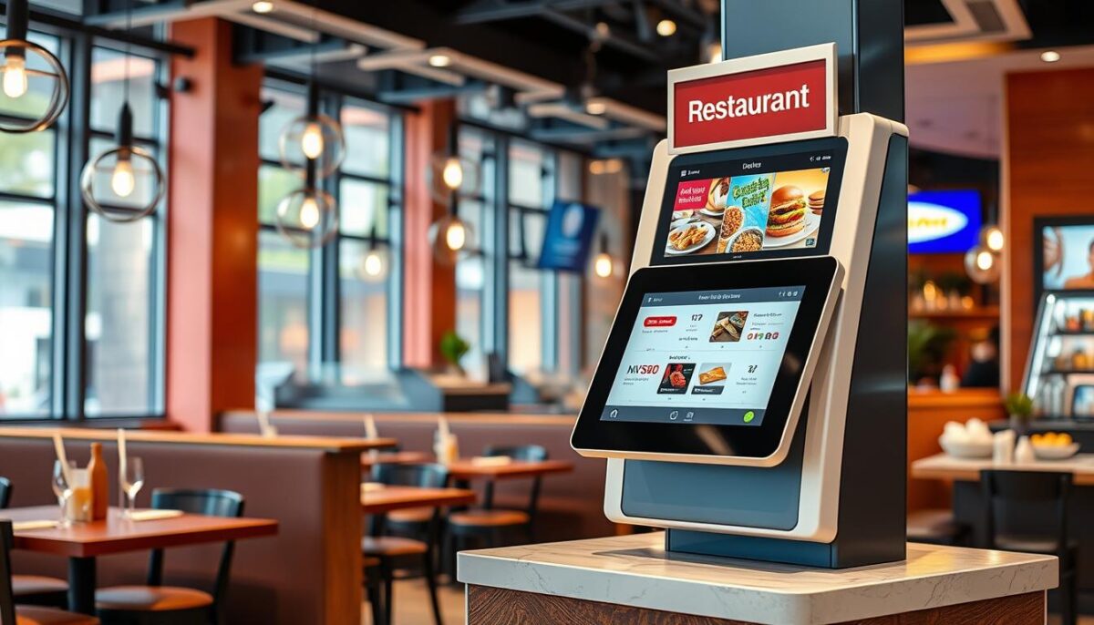 Generate an image of a modern restaurant kiosk with a touchscreen interface.