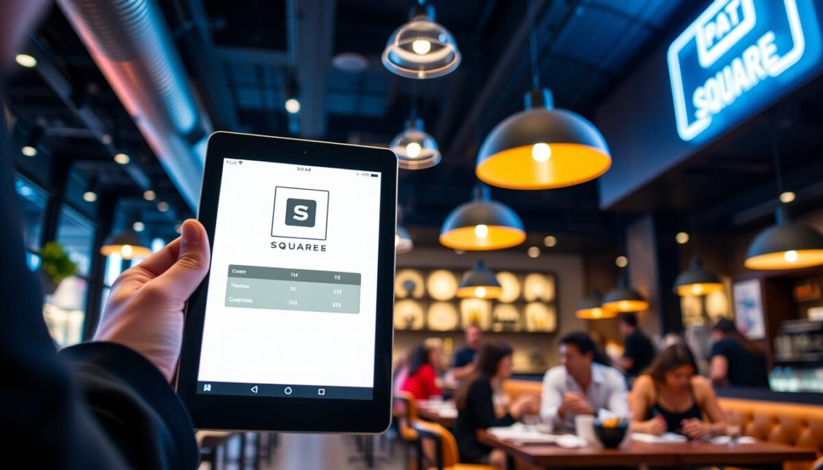 Generate an image of a modern restaurant with a Square POS system on a tablet.