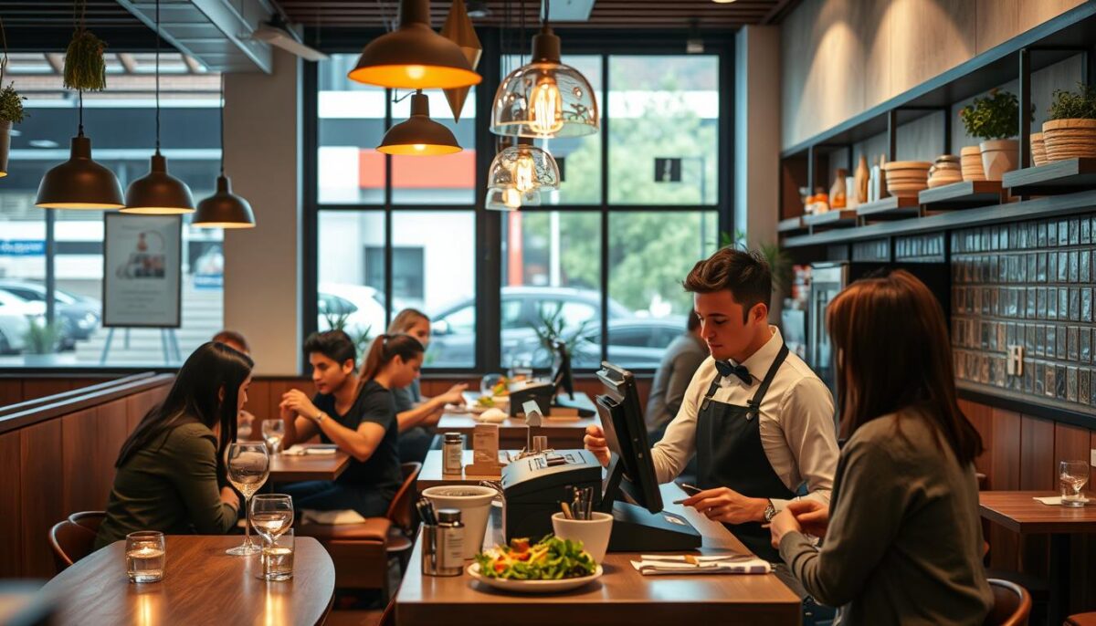 Generate an image of a modern, small restaurant with a Square POS system in use.
