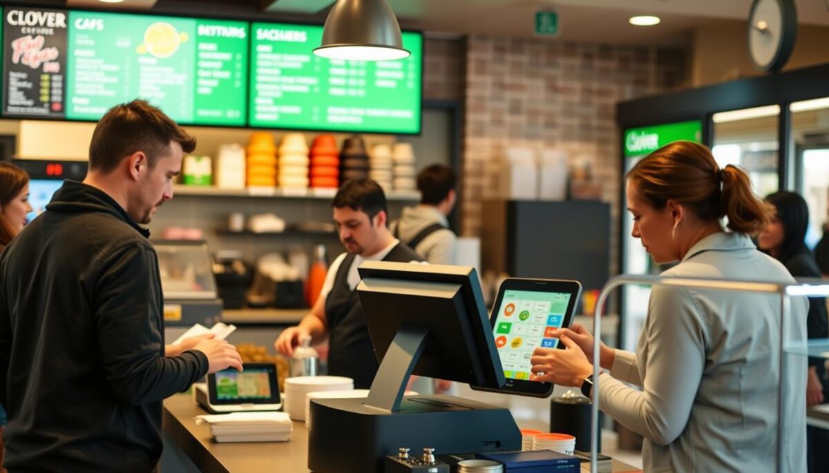 Generate an image of a quick-service restaurant using Clover POS system