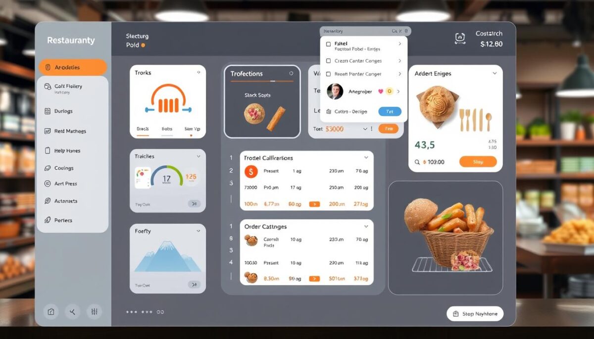 Generate an image of a restaurant inventory management system interface showing real-time tracking and automated ordering features.