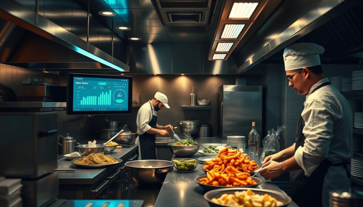Generate an image of a restaurant kitchen with a digital screen displaying waste tracking data.
