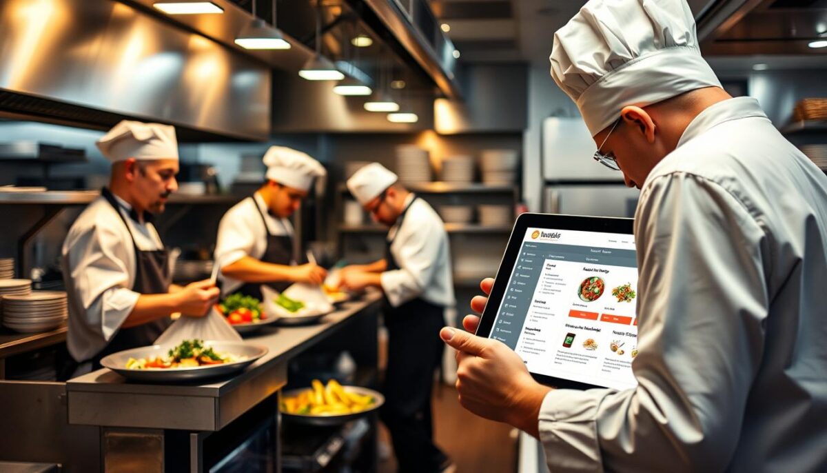 Generate an image of a restaurant kitchen with chefs using a digital recipe management system on a tablet.