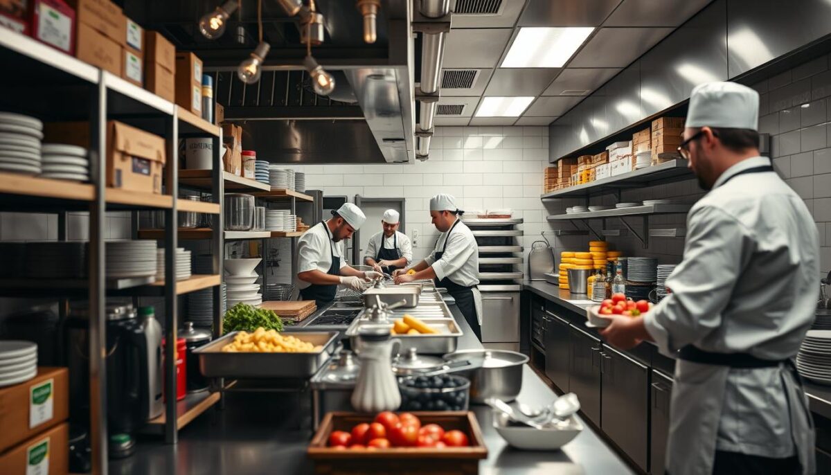 Generate an image of a restaurant kitchen with staff efficiently managing inventory