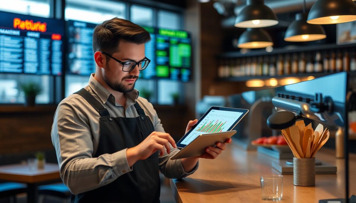 Generate an image of a restaurant manager reviewing sales data on a tablet to optimize staff scheduling.