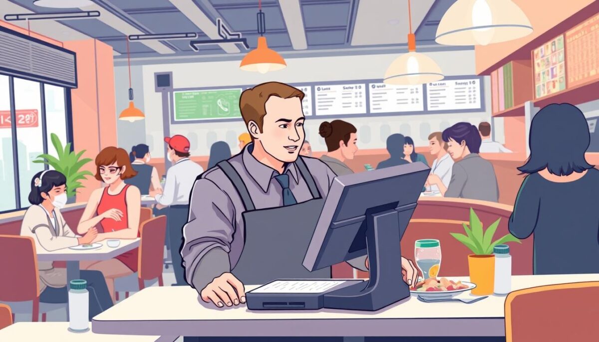Generate an image of a restaurant manager using a SpotOn Restaurant POS system.