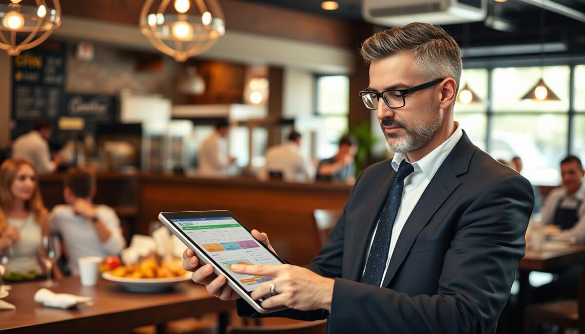 Generate an image of a restaurant manager using a scheduling software on a tablet.