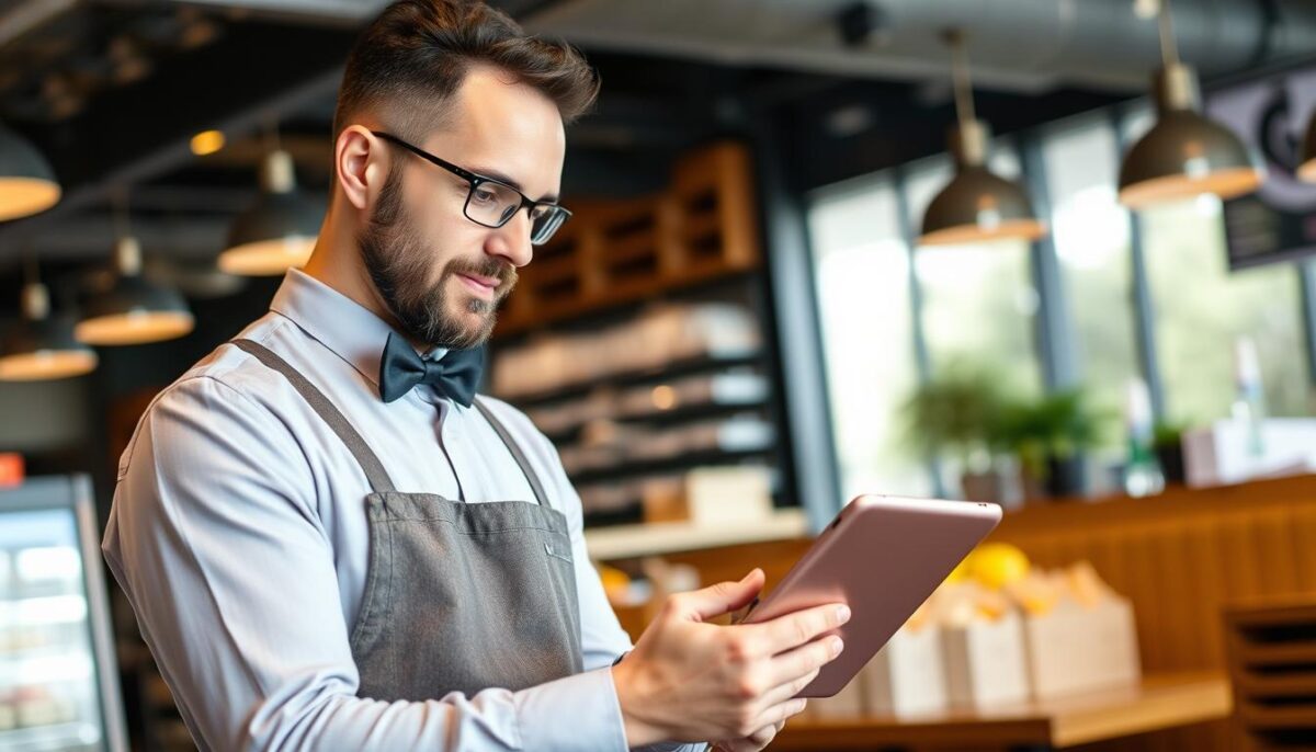 Generate an image of a restaurant manager using a tablet to manage inventory with MarketMan software.