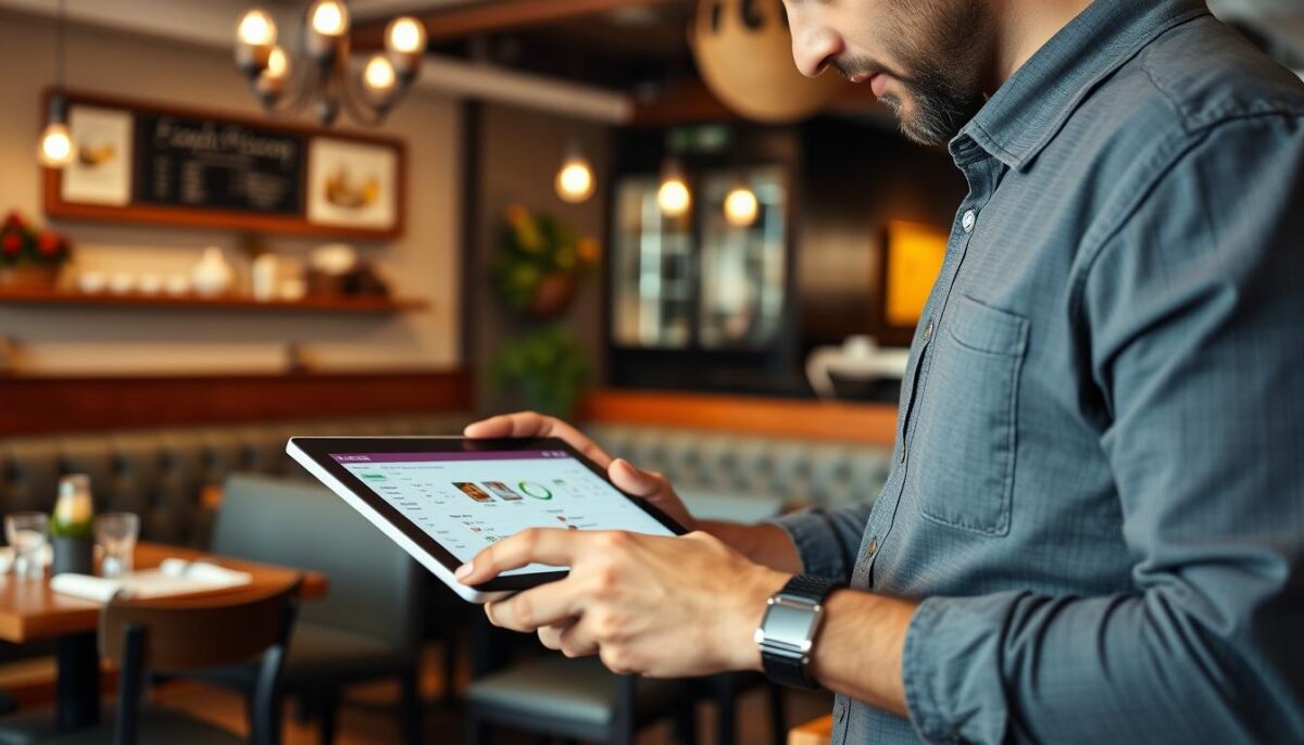 Generate an image of a restaurant manager using a tablet with Lightspeed Restaurant's inventory management interface.