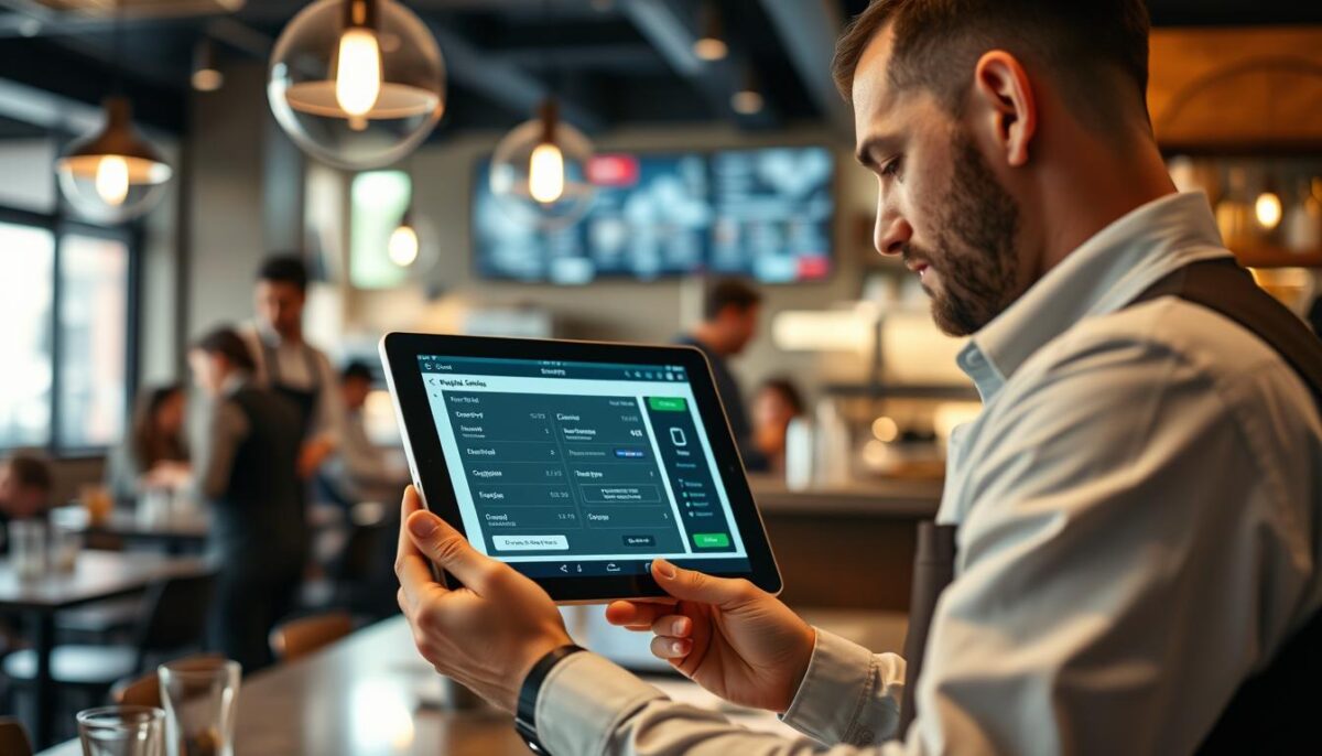 Generate an image of a restaurant manager using a tablet with Shift4's payment processing system on the screen.