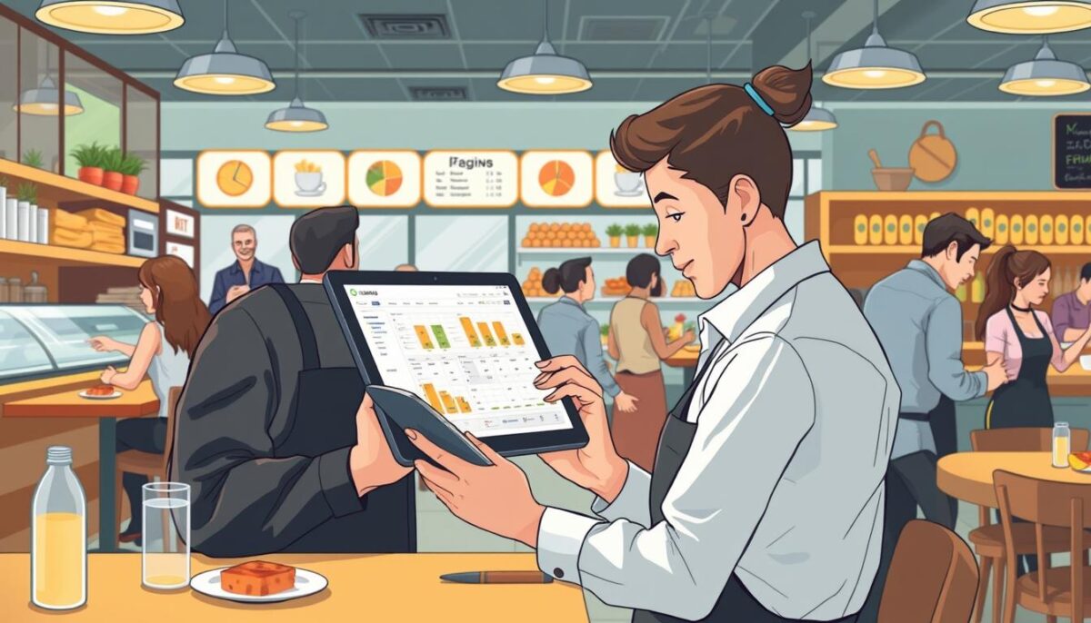 Generate an image of a restaurant manager using inventory management software on a tablet