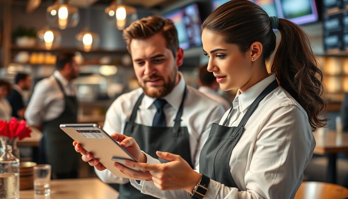 Generate an image of a restaurant manager using staff scheduling software on a tablet.