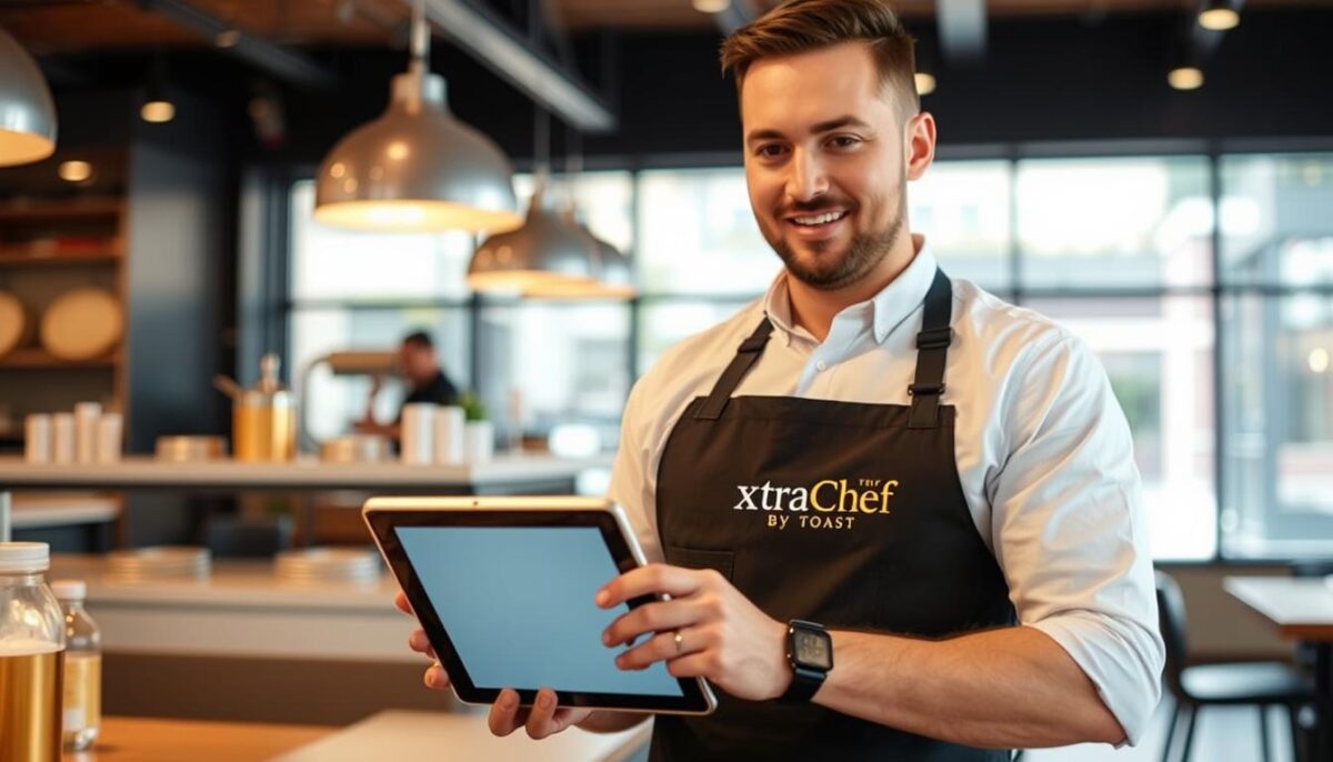 Generate an image of a restaurant manager using xtraCHEF by Toast on a tablet